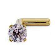 14k yellow gold pink diamond L-post nose stud, close angled view highlighting prong setting