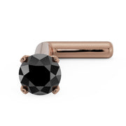 14k rose gold L-post nose stud with 2mm black diamond in four-prong setting, angled view
