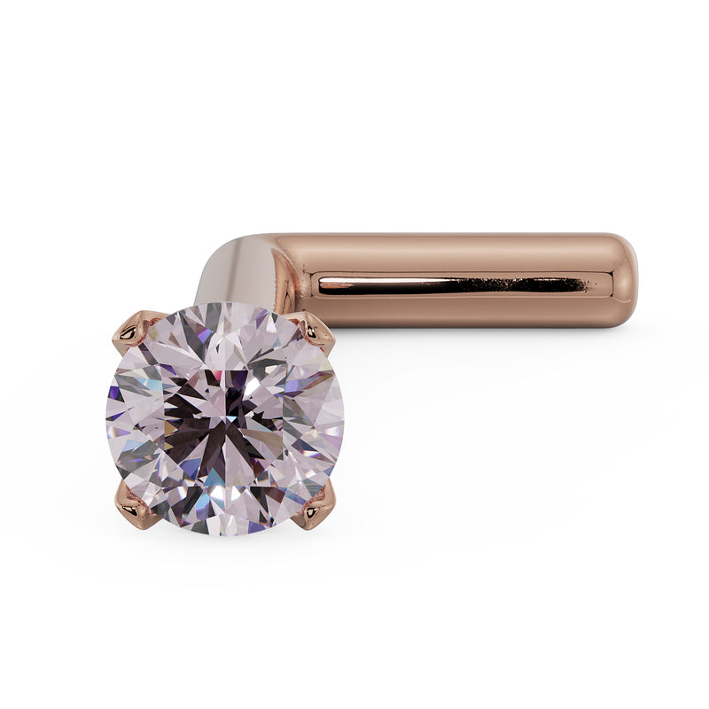 14k rose gold pink diamond L-post nose stud, close angled view showing prong and post detail