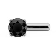 Front view of 2mm black diamond in four-prong setting on platinum straight post nose stud
