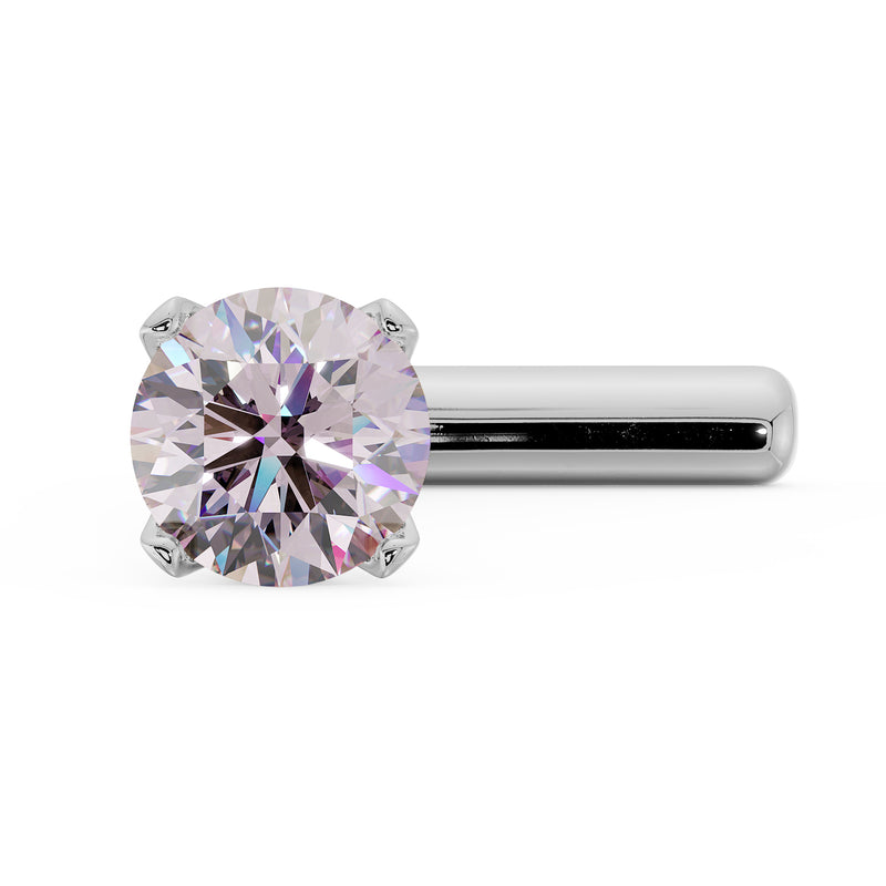 14k white gold 2mm pink diamond straight-post nose stud, angled front view of prong setting