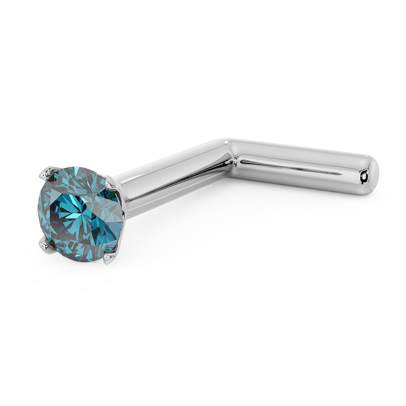 14k white gold L-post nose stud with 2mm blue diamond in four-prong setting, angled view