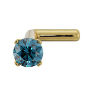 14k yellow gold L-post nose stud with 2mm blue diamond in prong setting, close angled view