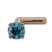 14k rose gold L-post nose stud with 2mm blue diamond in four-prong setting, close angled view