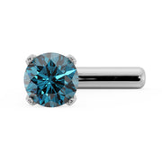 14k white gold straight post nose stud with blue diamond, top-down front view of setting