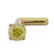 14k yellow gold L-post nose stud with 2mm yellow diamond in four-prong setting, angled view