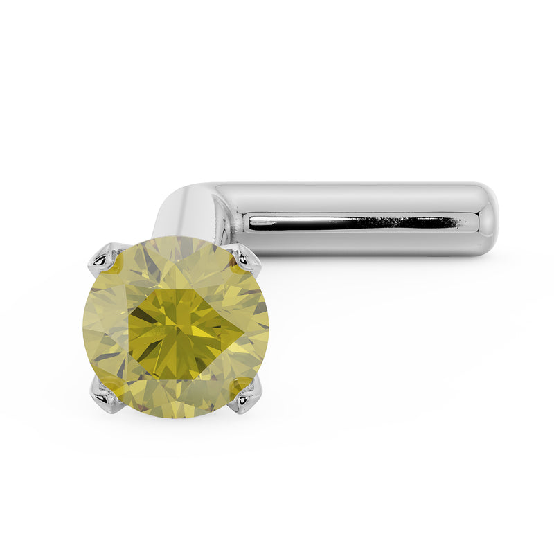 14k white gold L-shaped nose stud with 2mm yellow diamond, close angled view of prong detail