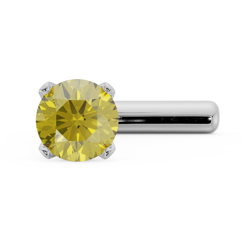 Top view of 2mm yellow diamond in white gold four-prong nose stud with L-post visible behind