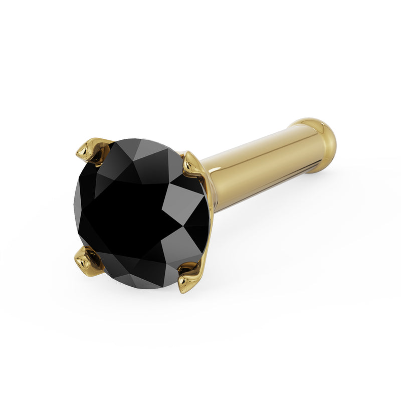 14k yellow gold 2.5mm black diamond nose bone stud, angled view showing prong setting and post