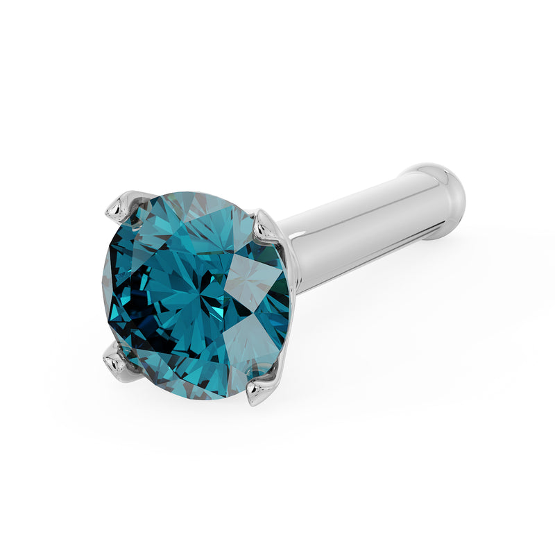 14k white gold blue diamond nose bone stud with 4-prong setting, angled side view