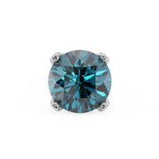 Close-up top-down view of 2.5mm blue diamond in 4-prong white gold setting, showing facet detail