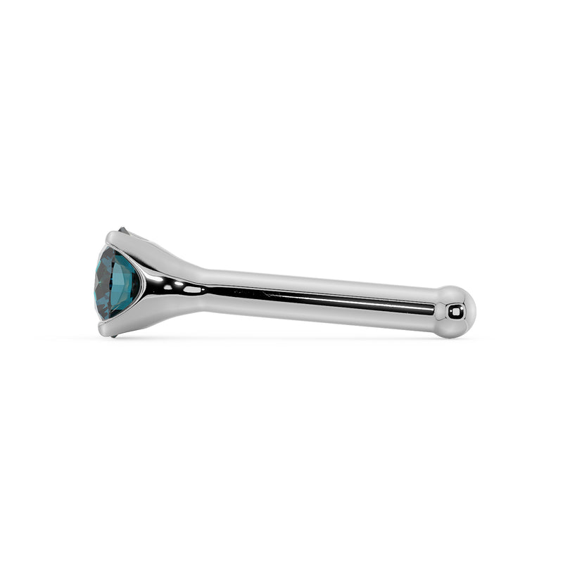 Side profile of white gold blue diamond nose bone stud showing full straight post and ball tip