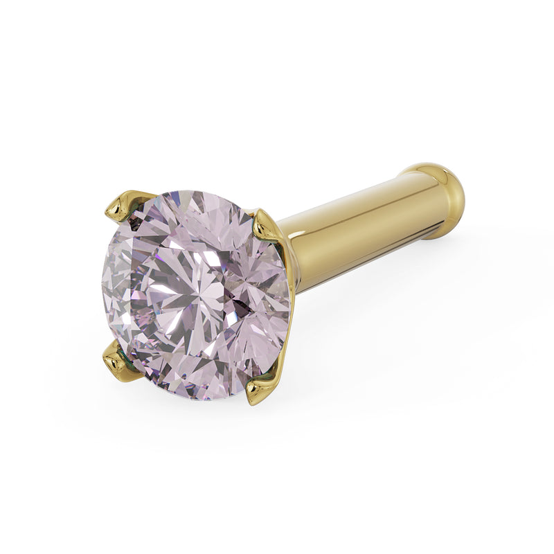 14k yellow gold pink diamond nose bone stud, angled side view showing ball-end post