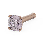 14k rose gold pink diamond nose bone stud, angled view showing prong setting and ball-end post