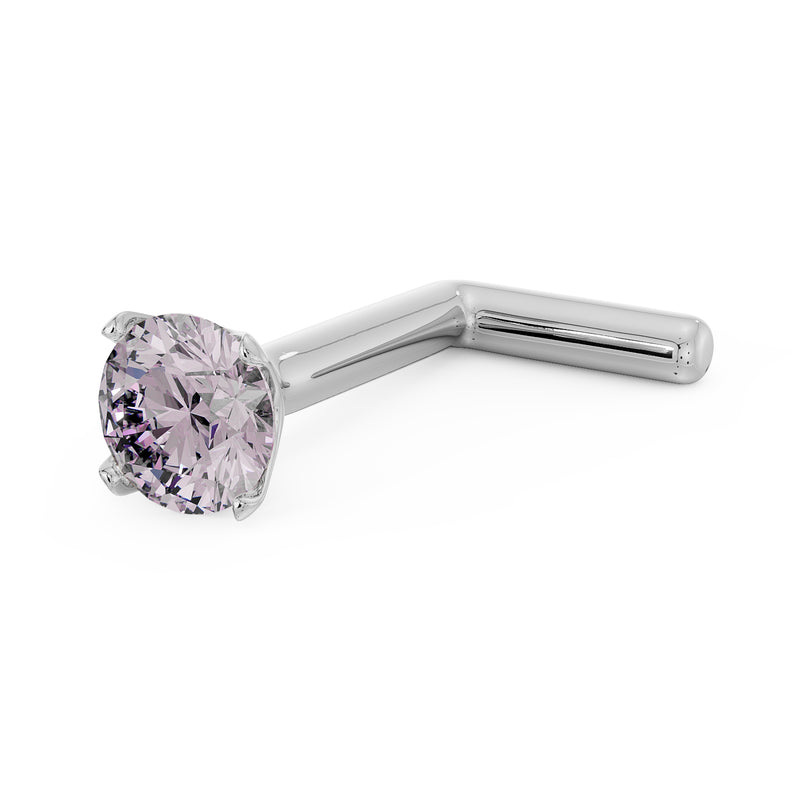 14k white gold pink diamond nose stud with L-post, angled side view showing post shape