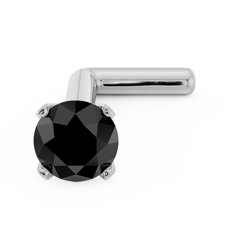 14k white gold black diamond L-post nose stud, angled view showing L-shaped post and prong detail