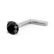 14k white gold 2.5mm black diamond nose stud, L-post style, side-angled view showing post bend