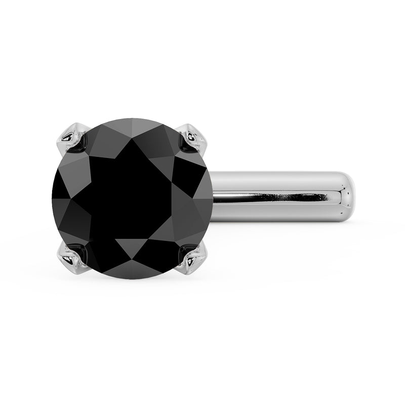 Close-up front view of 2.5mm black diamond in white gold straight post nose stud, prong setting