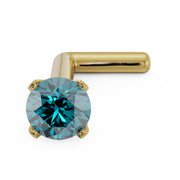 14k yellow gold 2.5mm blue diamond nose stud with L-post, angled view showing post bend