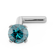 14k white gold 2.5mm blue diamond nose stud with L-post, close-up front angled view
