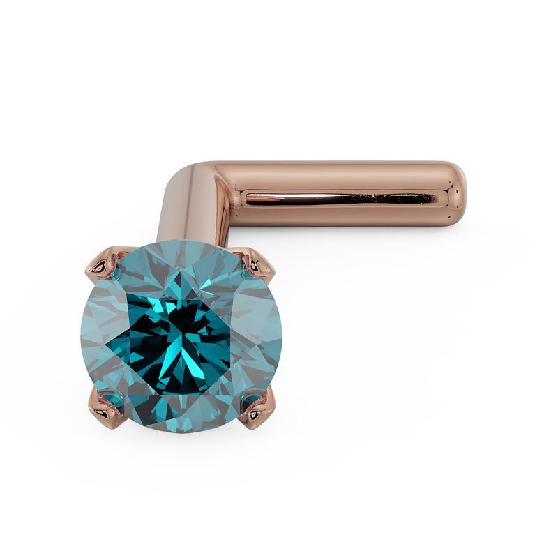 14k rose gold 2.5mm blue diamond prong nose stud with L-post, angled view
