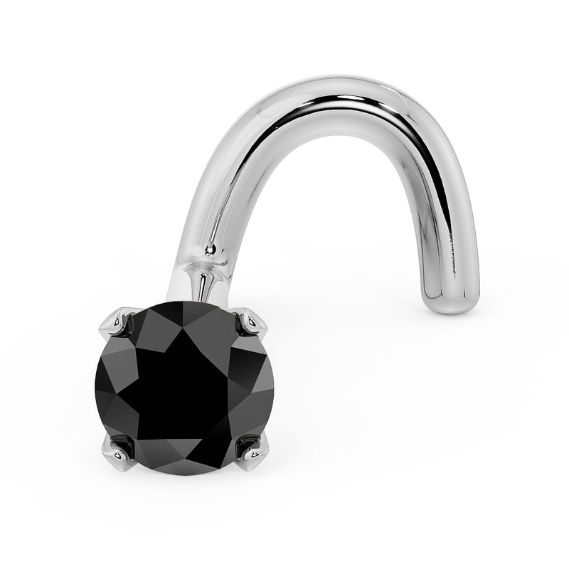 Platinum black diamond prong nose stud, twist post style, angled front view showing setting detail