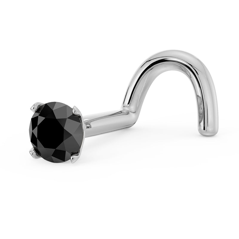 Side profile of 14k white gold 2.5mm black diamond prong nose stud showing twist post shape