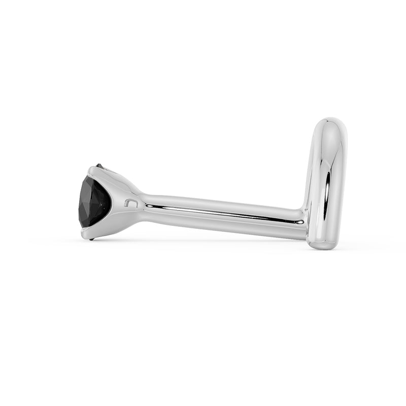Side profile of white gold black diamond nose bone stud showing straight post and ball end