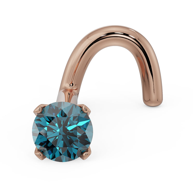 14k rose gold blue diamond prong nose ring stud with twist post, angled front view