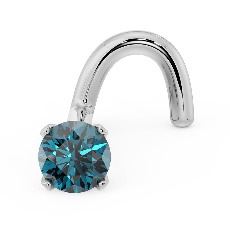 14k white gold 2.5mm blue diamond prong nose ring stud with twist post, angled front view