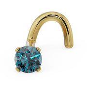 14k yellow gold blue diamond prong nose ring stud with twist post, angled front view
