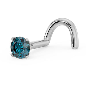 Side angle of 14k white gold blue diamond prong nose stud showing twist post shape and stone depth