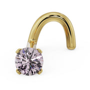14k yellow gold pink diamond nose stud with twist post, front view showing prong-set stone