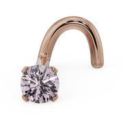 14k rose gold pink diamond nose stud with twist post, front view of prong setting