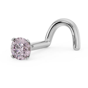 14k white gold pink diamond nose stud with twist post and 4-prong setting, angled view