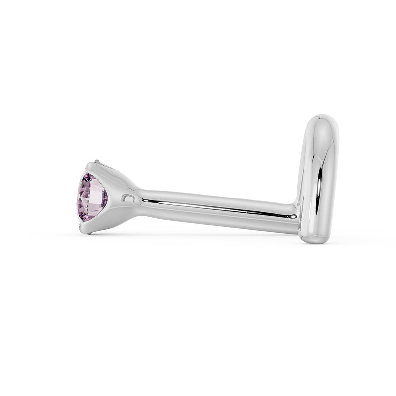 Side profile of 14k white gold pink diamond L-post nose stud showing the L-shaped bend