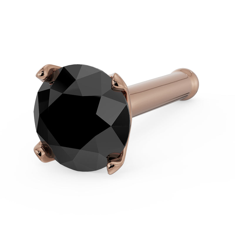 14k rose gold 3mm black diamond nose bone stud, angled view showing rose gold post with ball end