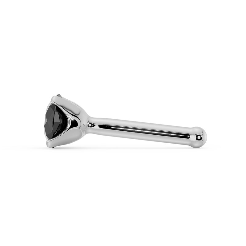 Side profile of 14k white gold black diamond L-post nose stud showing straight post and ball tip