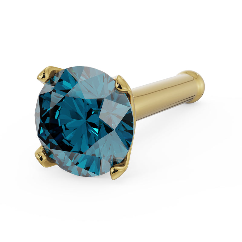 14k yellow gold blue diamond nose stud with straight bone post, angled close-up of prong setting