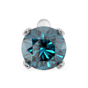 Overhead close-up of 3mm blue diamond in white gold four-prong nose stud setting, front view