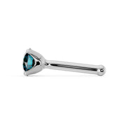 Side profile of 14k white gold blue diamond bone nose stud showing low-set prong and post tip