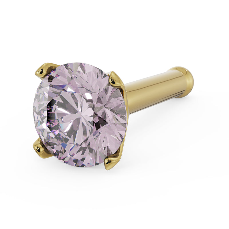 14k yellow gold 3mm pink diamond straight post nose stud, angled view showing bone post end