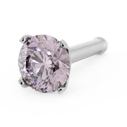 14k white gold 3mm pink diamond straight post nose stud, angled view highlighting prong detail