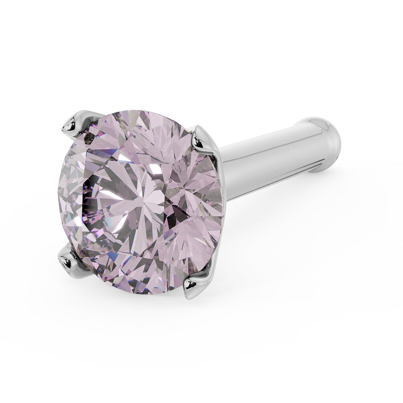 14k white gold 3mm pink diamond straight post nose stud, angled view highlighting prong detail