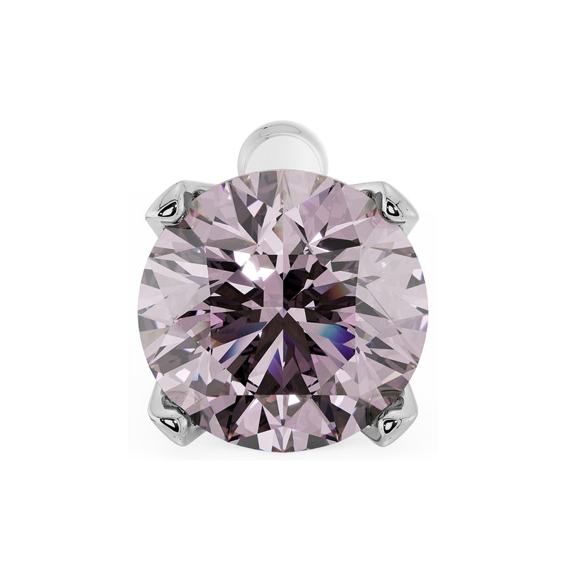 Top-down close-up of 3mm pink diamond in white gold four-prong nose stud, twist post partially visible
