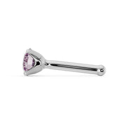 Side profile of 14k white gold pink diamond bone nose stud showing post length and ball end tip