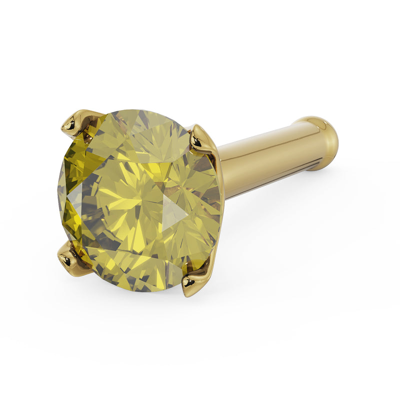 14k yellow gold yellow diamond nose bone stud, angled view showing round cut stone and bone post