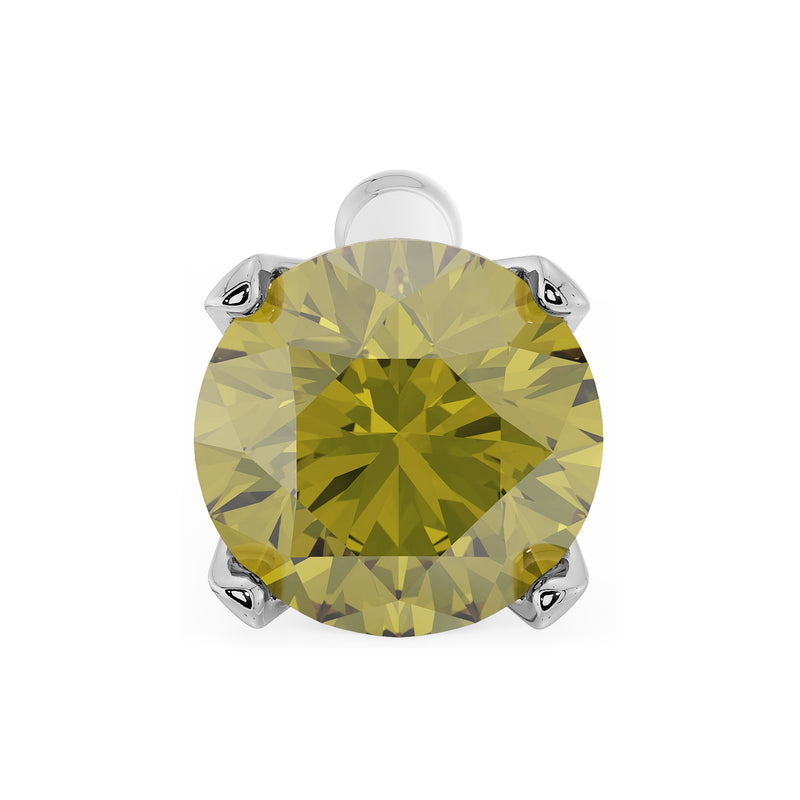 Top-down close-up of 3mm yellow diamond in white gold four-prong nose stud, straight post style