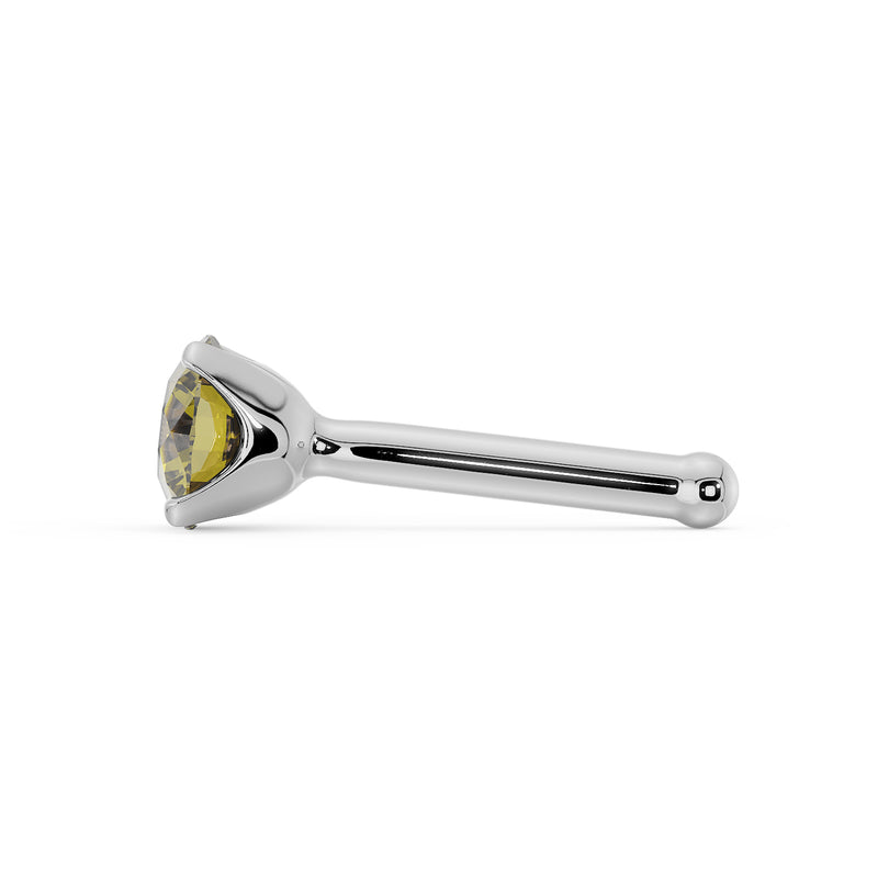 Side profile of white gold yellow diamond nose bone stud showing full straight post and ball end