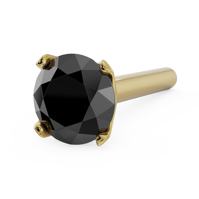 14k yellow gold 3mm black diamond straight post nose stud, angled overhead view of prong setting